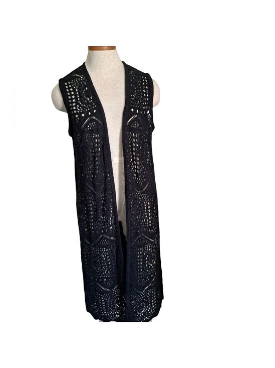 CHELSEA & THEODORE Sweaters - CHELSEA & THEODORE long knit duster black knit open front BOHO sleeveless Vest M